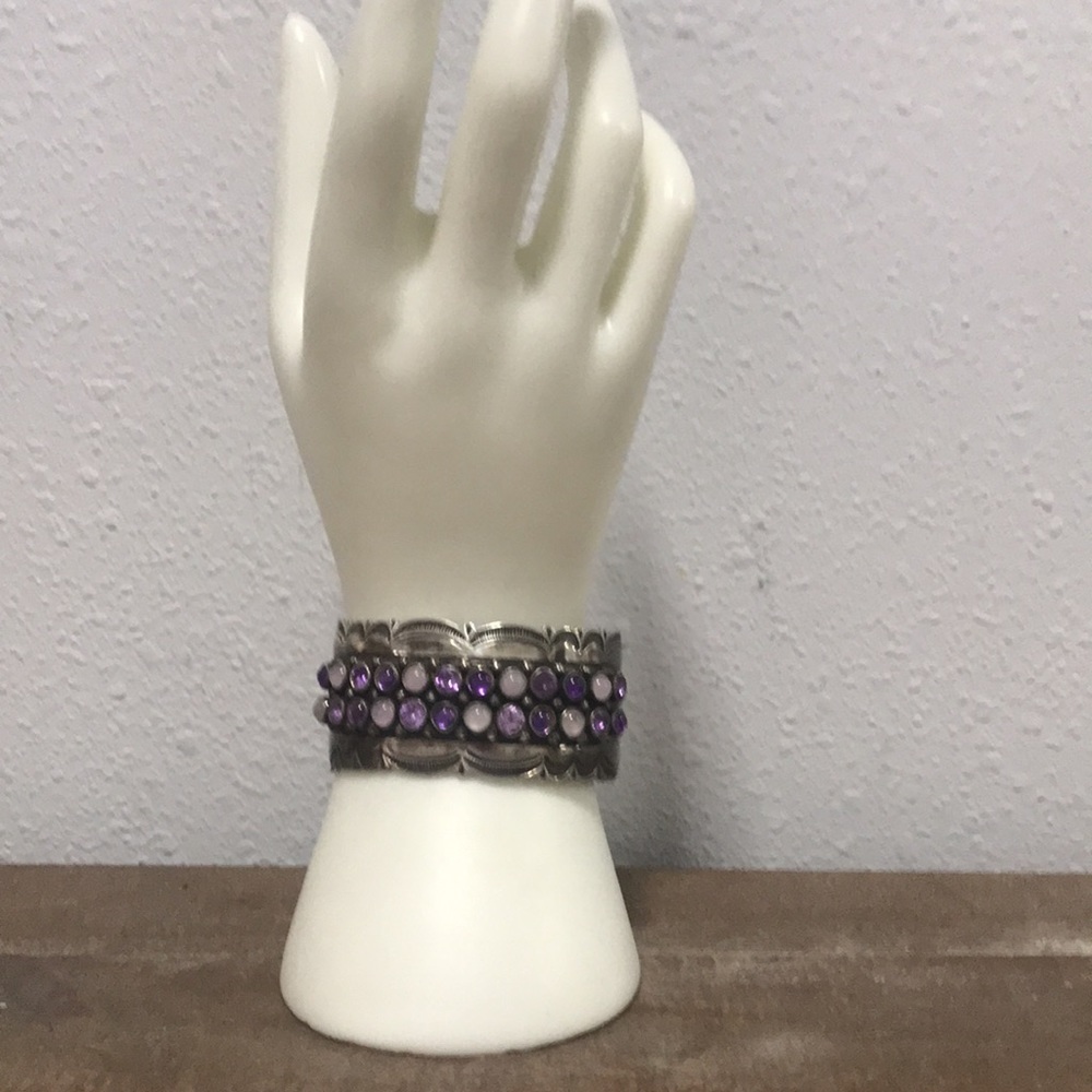 vintage sterling designer El Tom purple stone native american cuff bracelet - Picture 2 of 12